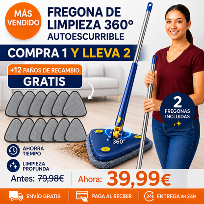 [COMPRA 1 Y LLEVA 2] SuperMop® - Fregona 360º Autoescurrible + 12 Paños de Recambio