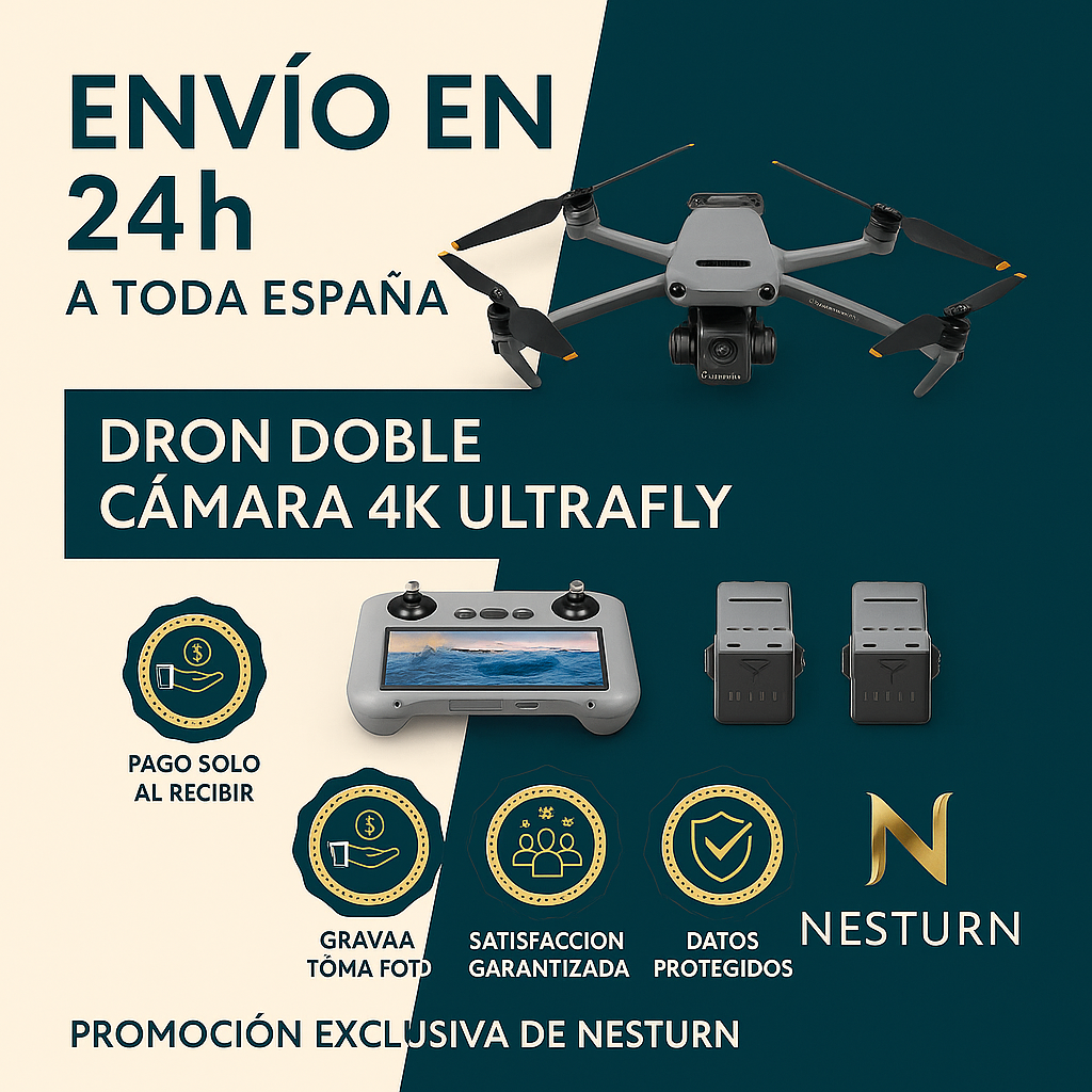 Dron UltraFly 4K con Doble Camara + Maletín Gratis + Batería Extra Gratis + 12 meses de garantía - Paga al Recibir