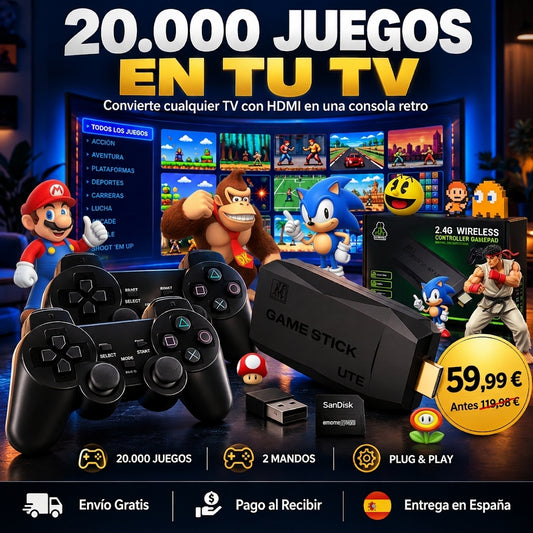 GameStick© – VideoGame Retrô con 20.000 Juegos + Mando inalámbrico extra Grátis